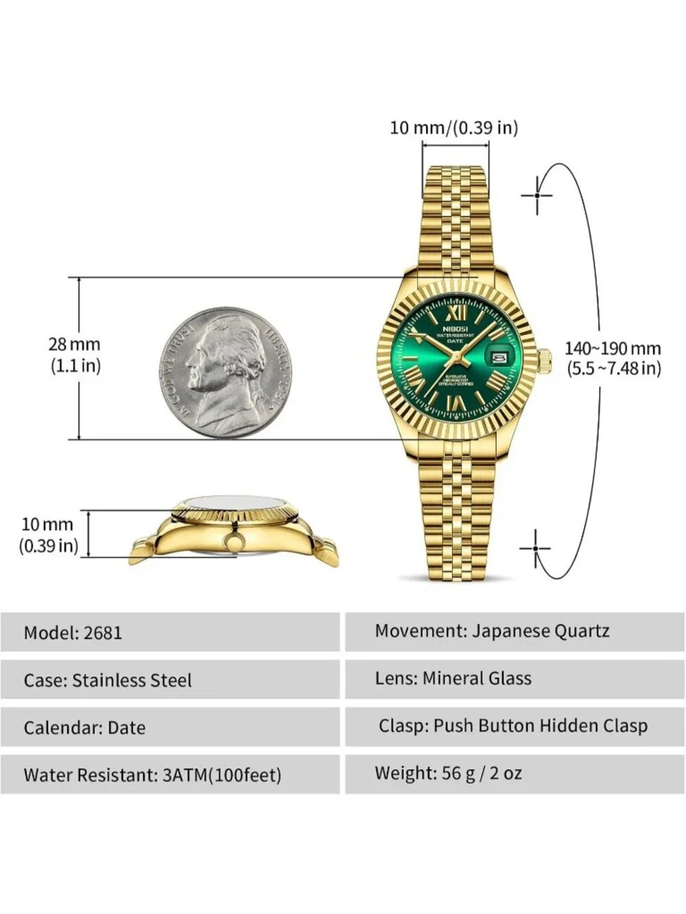 Nibosi Women's Gold Green Analog Quartz Stainless Steel Waterproof Luxury Watch